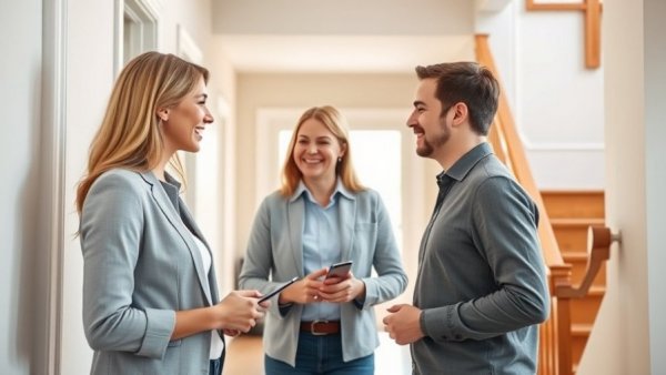 Real estate agent showing couple home, rental property oversight services.