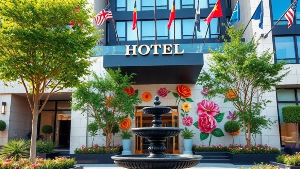 Hampton by Hilton Roanoke hotel entrance with colorful mural and fountain