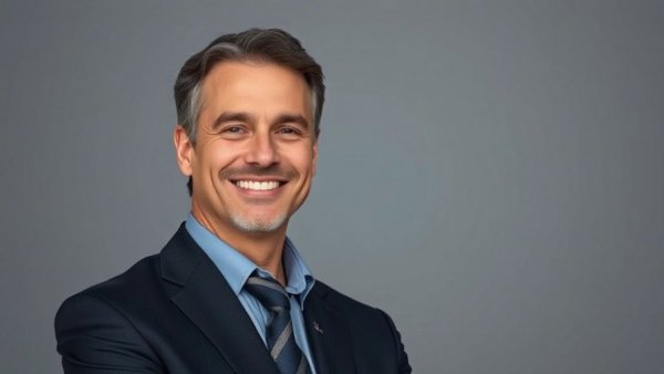 Confident professional smiling in a dark suit for commercial real estate services