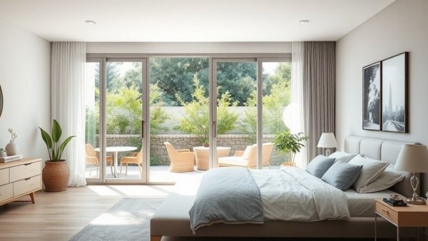 Elegant rental property bedroom with patio view for oversight services