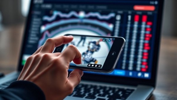 Online gambling on smartphone with hockey game on laptop.