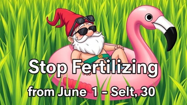 Gnome and flamingo float emphasize lawn fertilization message.