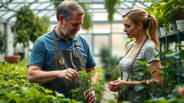 Lawn care services Shelby MI: Mature man guiding young woman in greenhouse.