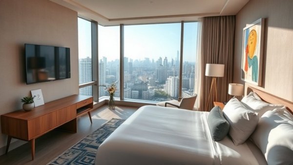 Modern hotel room at Hotel Indigo Raleigh reopening, city view.