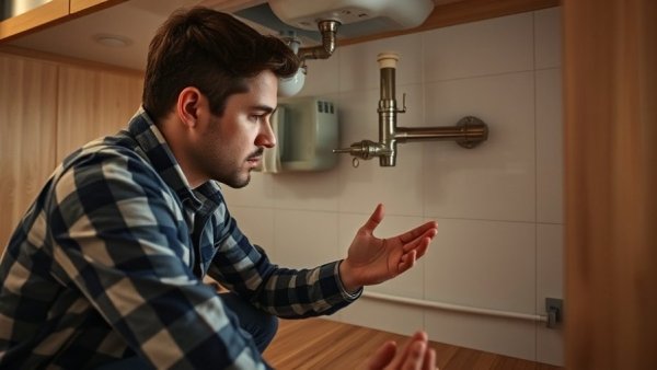 Person inspecting under-sink plumbing for rental property oversight services