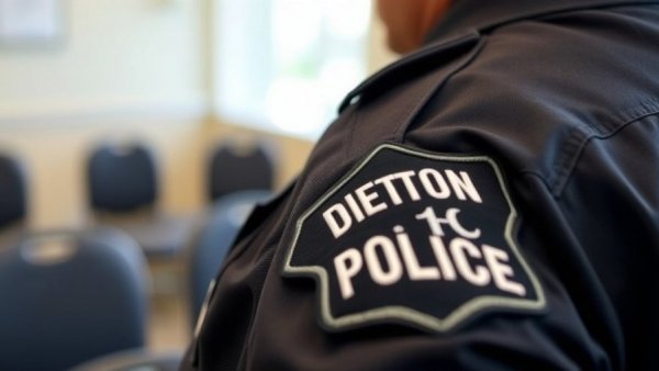 Police officer with Denton badge, representing security related to rental property oversight services.