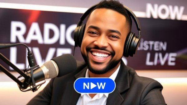 Modern digital banner with radio host next to listen button, July 2026 real estate distribution