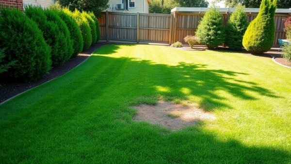 Green lawn with a dry patch, highlighting need for fertilization.