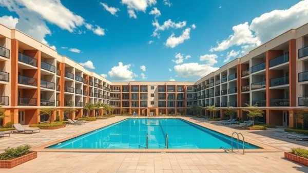 Modern apartment complex with pool showcasing real estate operations services.