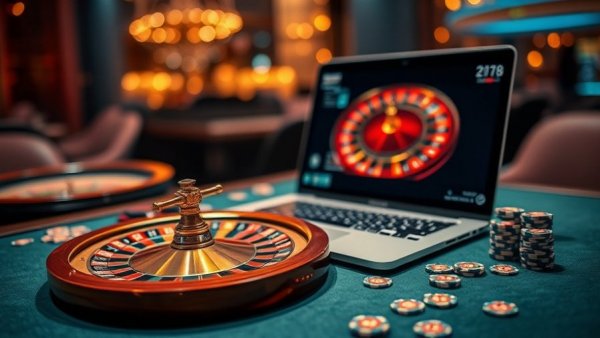 Impact of online gambling on traditional markets with a laptop and roulette.