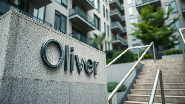 Modern apartment building exterior with 'Oliver' sign.