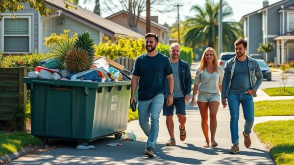 Group walking near an overflowing dumpster in a sunny suburban area related to rental property oversight services.