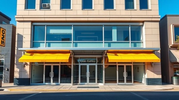 Modern commercial building for investor rental oversight, blue sky.