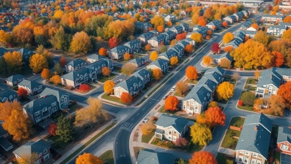 Aerial view of multifamily housing units with autumn trees lining streets.