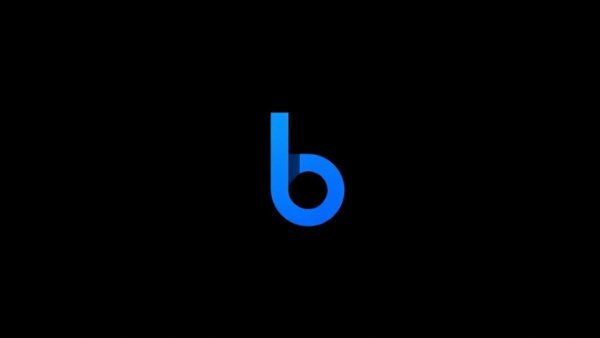 Minimalist blue 'b' logo on black background