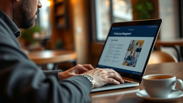 Individual using laptop for rental property oversight services
