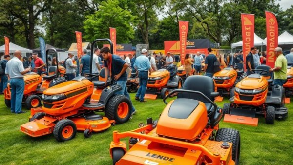 Outdoor lawn machinery exhibition showcasing vibrant equipment and services.
