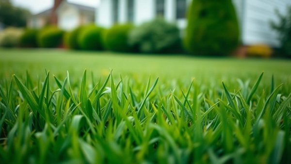 Lush lawn in Muskegon with blurred house background.