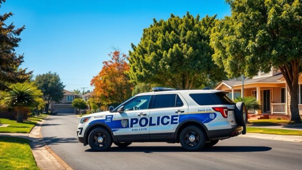 Sheriff SUV parked on suburban street with trees and houses.