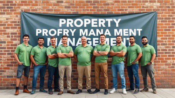 Men in green shirts posing for rental property oversight services ad