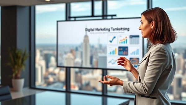 Professional woman presents AI visibility readiness in modern conference room.