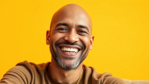 Cheerful man smiling against yellow background, AI Marketing for Vet Services.