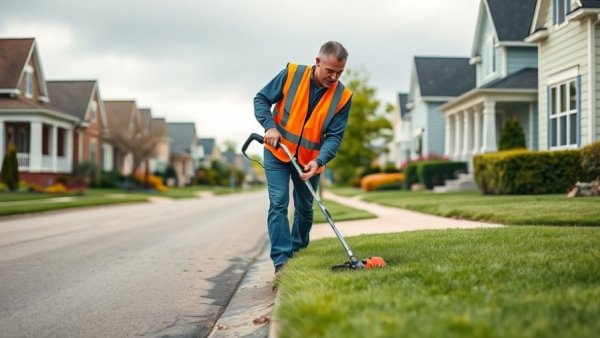 Lawn care worker trimming edges in suburban Muskegon neighborhood