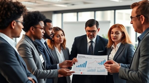 Business professionals discussing advertising strategies in a modern office