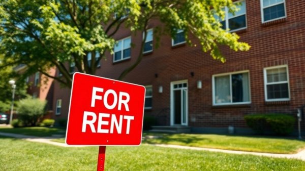 For rent sign and apartment building for rental property oversight services