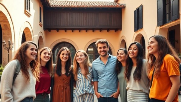 Group of young professionals gathering in a courtyard, AI in rental property oversight services.