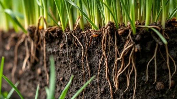 Close-up of soil and grass roots for hot-weather lawn care.