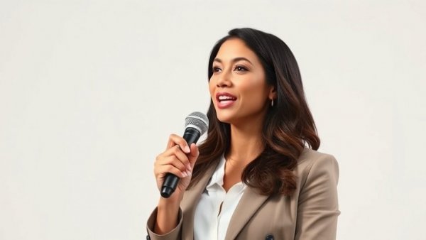 Confident female speaker discussing integrated digital marketing strategy