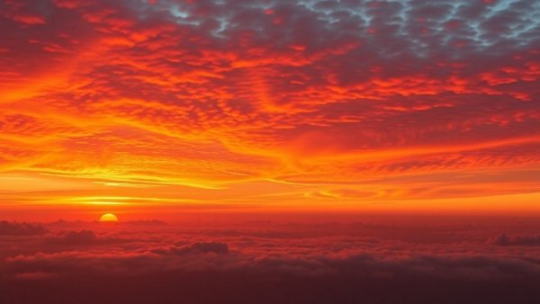 Vibrant sunset over horizon with orange hues, natural lighting.