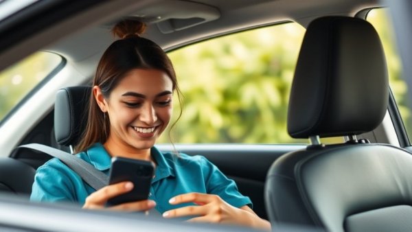 Young woman in car using smartphone, related to SEO strategies for dealerships