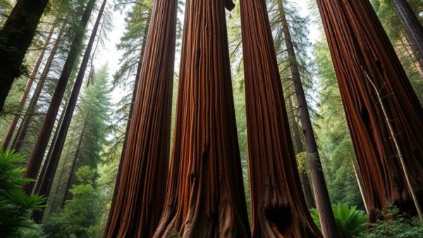 Majestic ancient coast redwoods with textured bark in a dense forest, depicting cloning ancient coast redwoods