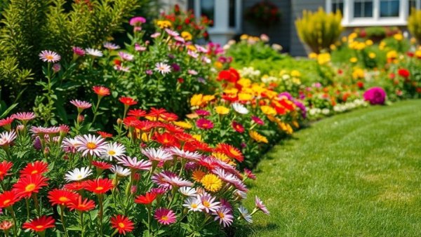 Lush garden with blooming flowers and neat lawn, Muskegon.