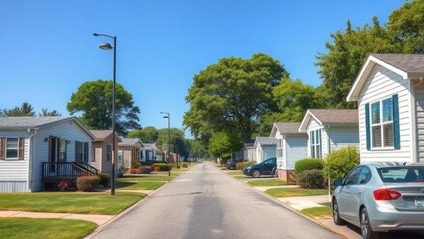 Suburban street in Duluth with mobile homes and parked cars