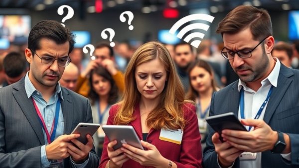 Professionals at tech conference struggle with Wi-Fi connectivity issues.