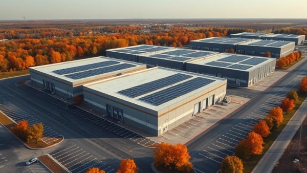 Aerial view of U.K. multi-tenant industrial market complex with solar panels.