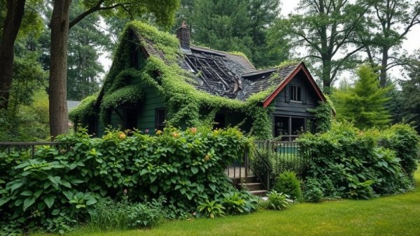 Overgrown yard with fire-damaged house, highlighting resilience in Muskegon