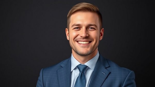 Smiling professional man in suit, real estate operations services.