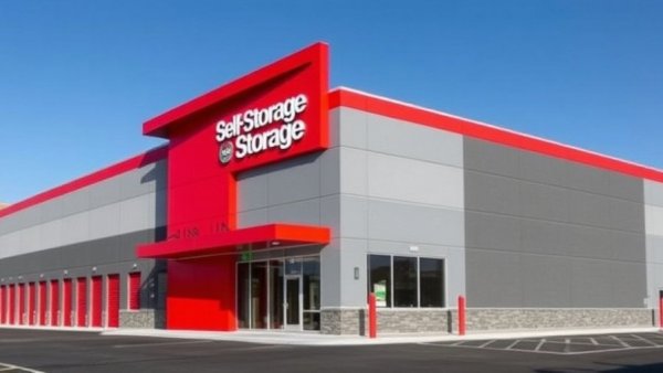 Modern self-storage facility with bold design, vibrant colors.