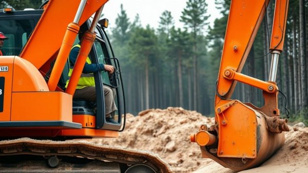 Construction vehicle in action with safety gear operator.