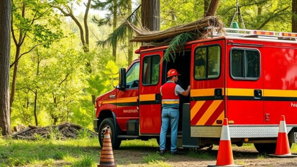 Portland Fire & Rescue truck and tree service vehicle ensuring tree care safety.