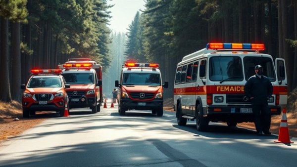 Emergency vehicles on forest road during rescue operation.