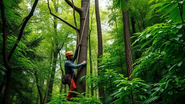 Tree service workers adjusting ropes in lush forest for tree maintenance.