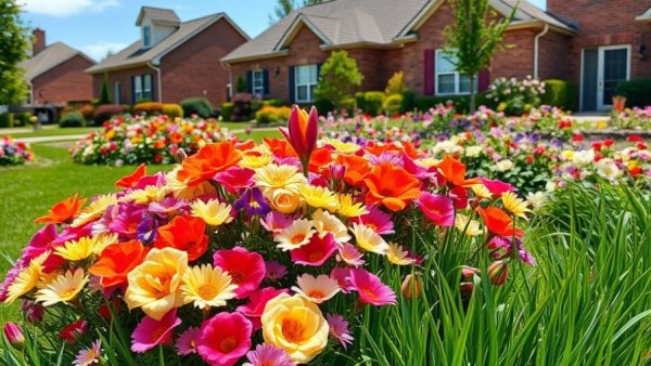 Lush residential garden showcasing vibrant flowers and manicured lawn.
