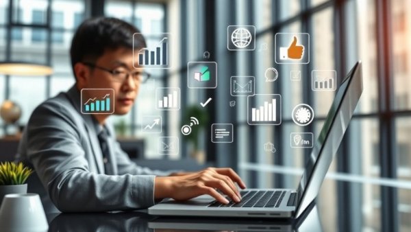 AI in Marketing Strategy with digital marketing icons around a laptop.