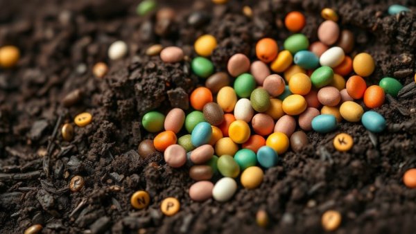 Colorful fertilizer pellets on soil with nutrient labels: how to choose lawn fertilizer.