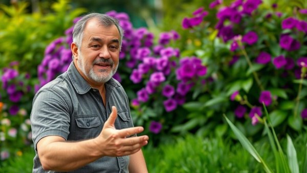 Lawn care expert offering tips in Shelby MI garden setting
